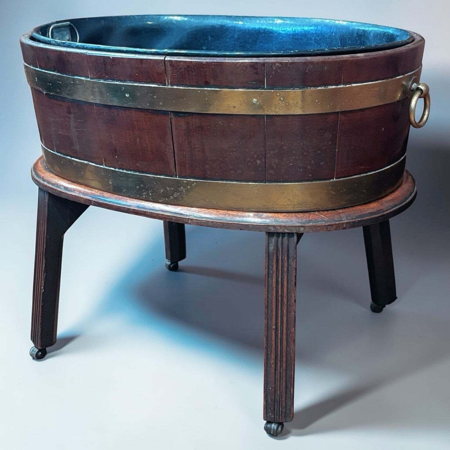 Antique Georgian Mahogany Brass Banded Lift Off Wine Cooler On Stand