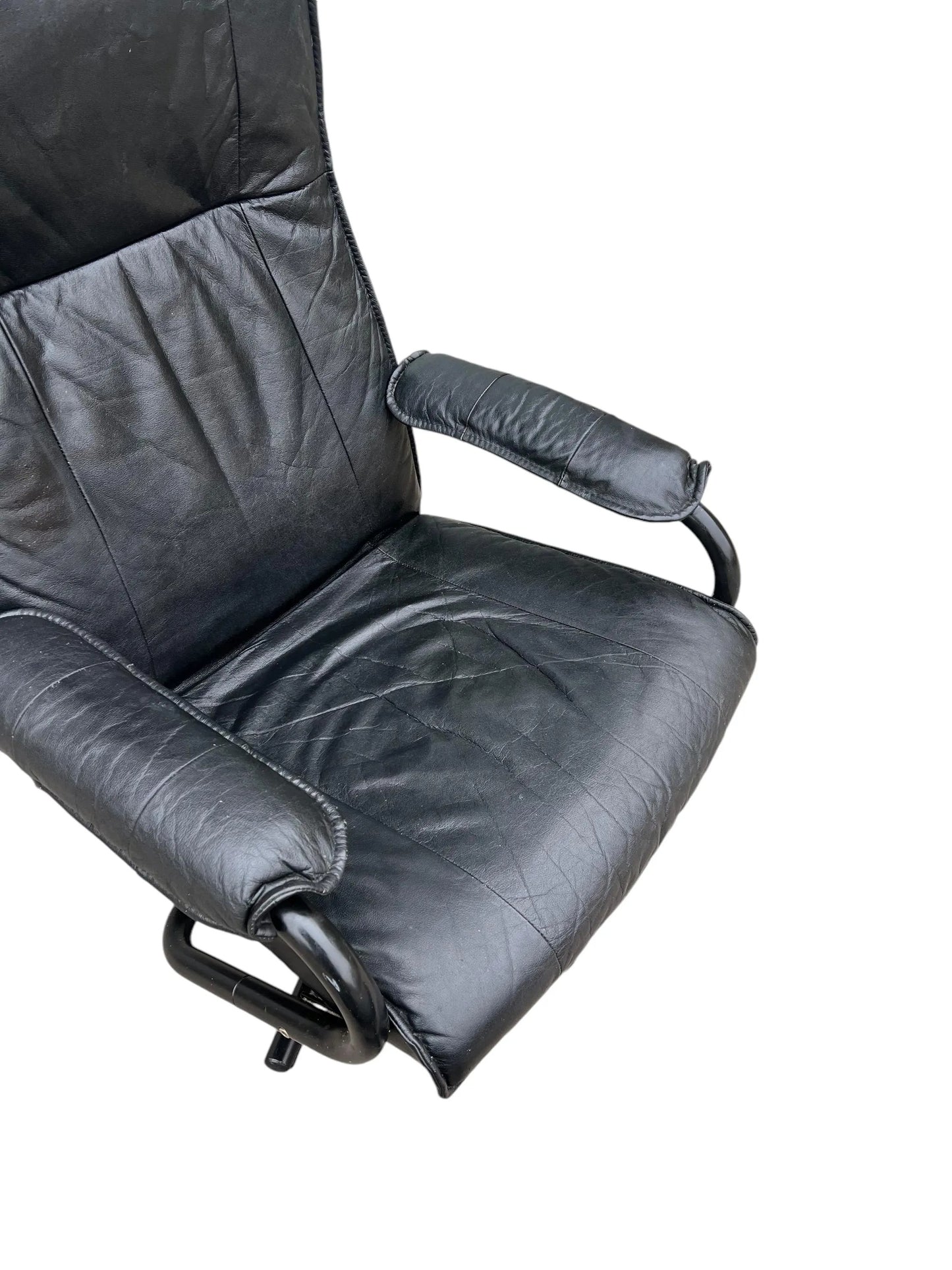 Black Mid century recliner swivel chair and stool in the manner of Kebe Mobler