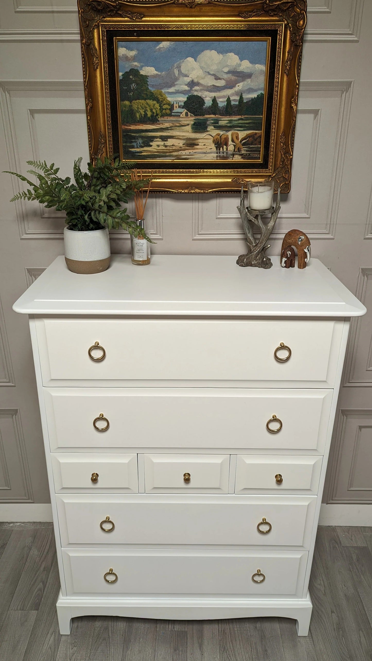 Stag minstrel white tallboy 7 drawer chest of drawers, professionally sprayed white furniture.