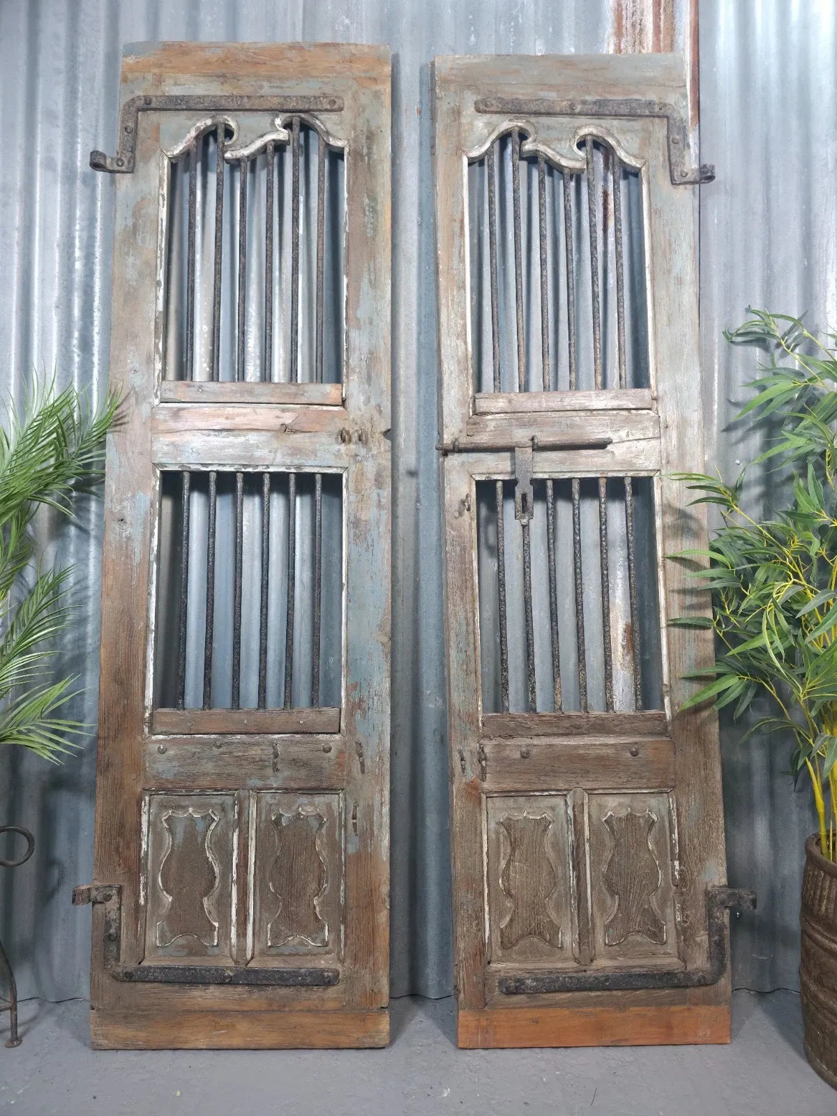 Vintage Pair of Rustic Indian Wooden Iron Doors Garden Gates Room Divider Screen