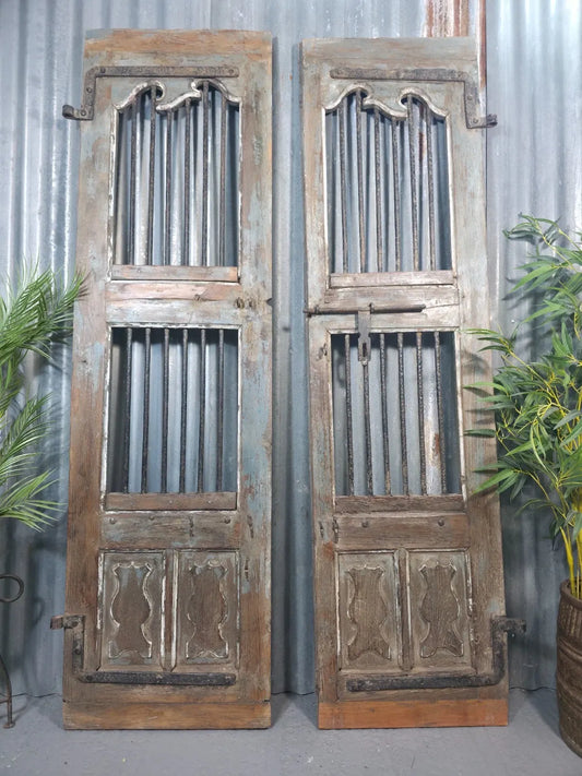 Vintage Pair of Rustic Indian Wooden Iron Doors Garden Gates Room Divider Screen