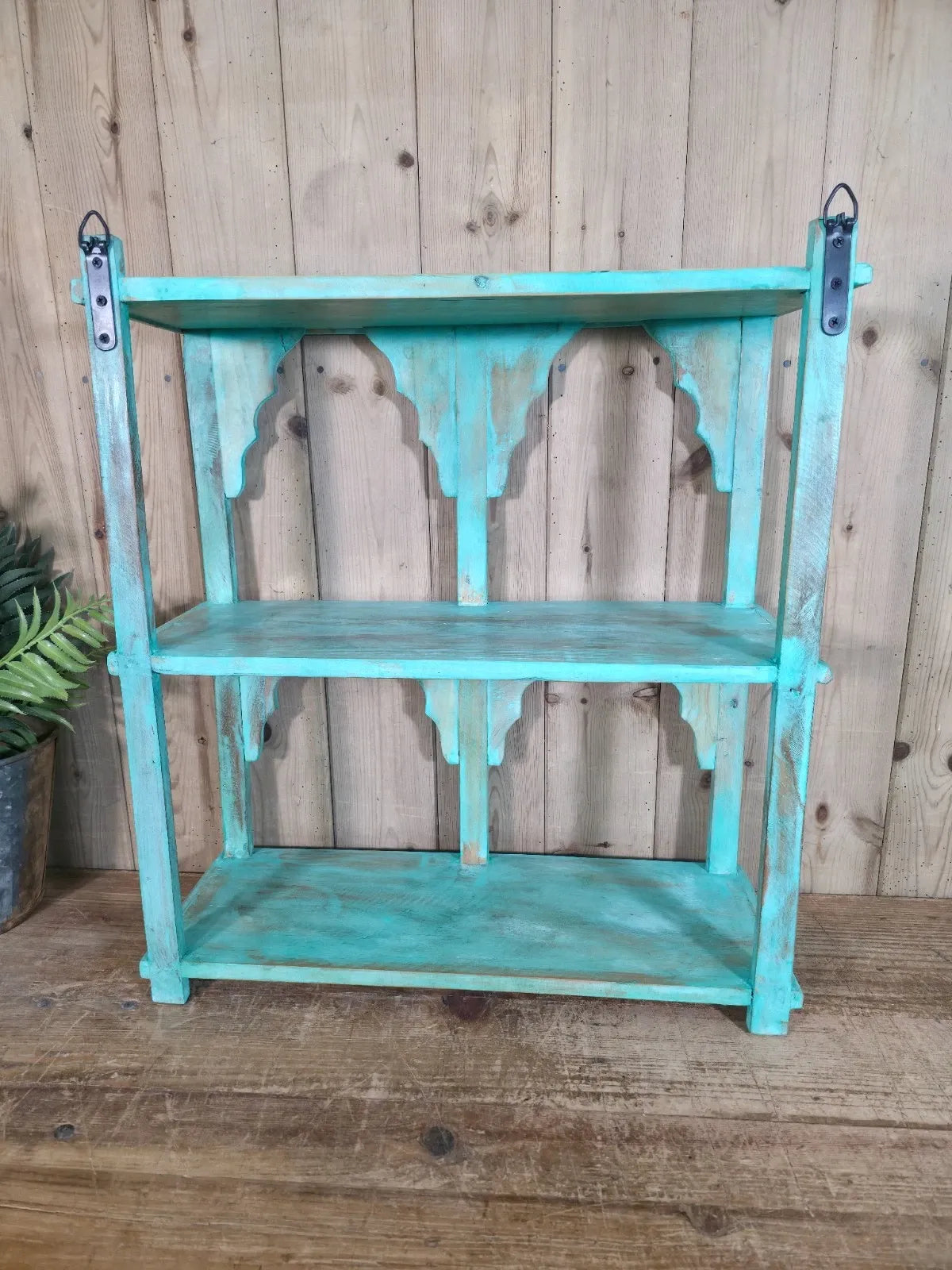 Blue Vintage Reclaimed Solid Wooded Arched Temple Wall Display Shelf Shelves