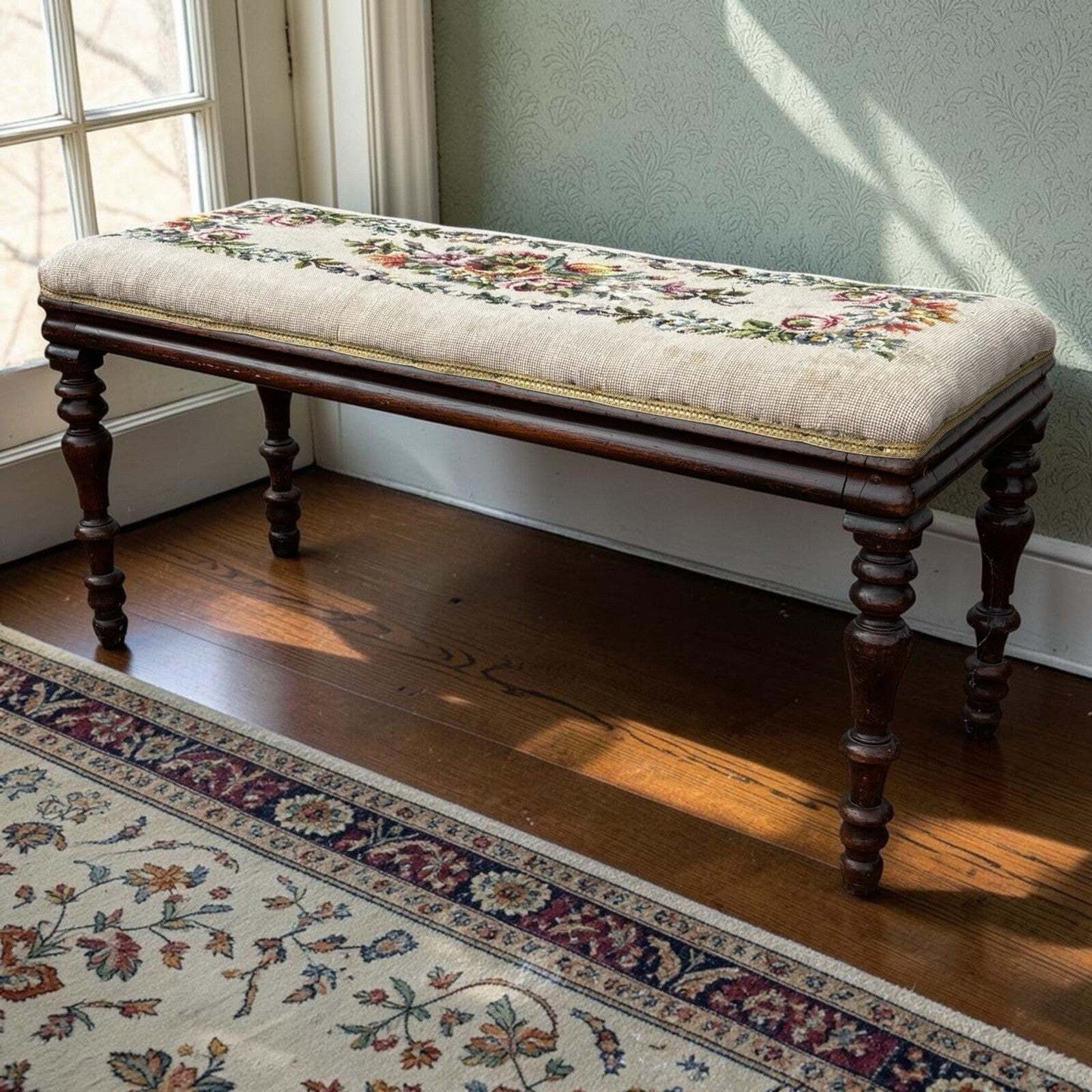 Vintage Georgian Mahogany Long Window Seat With Tapestry Upholstery.