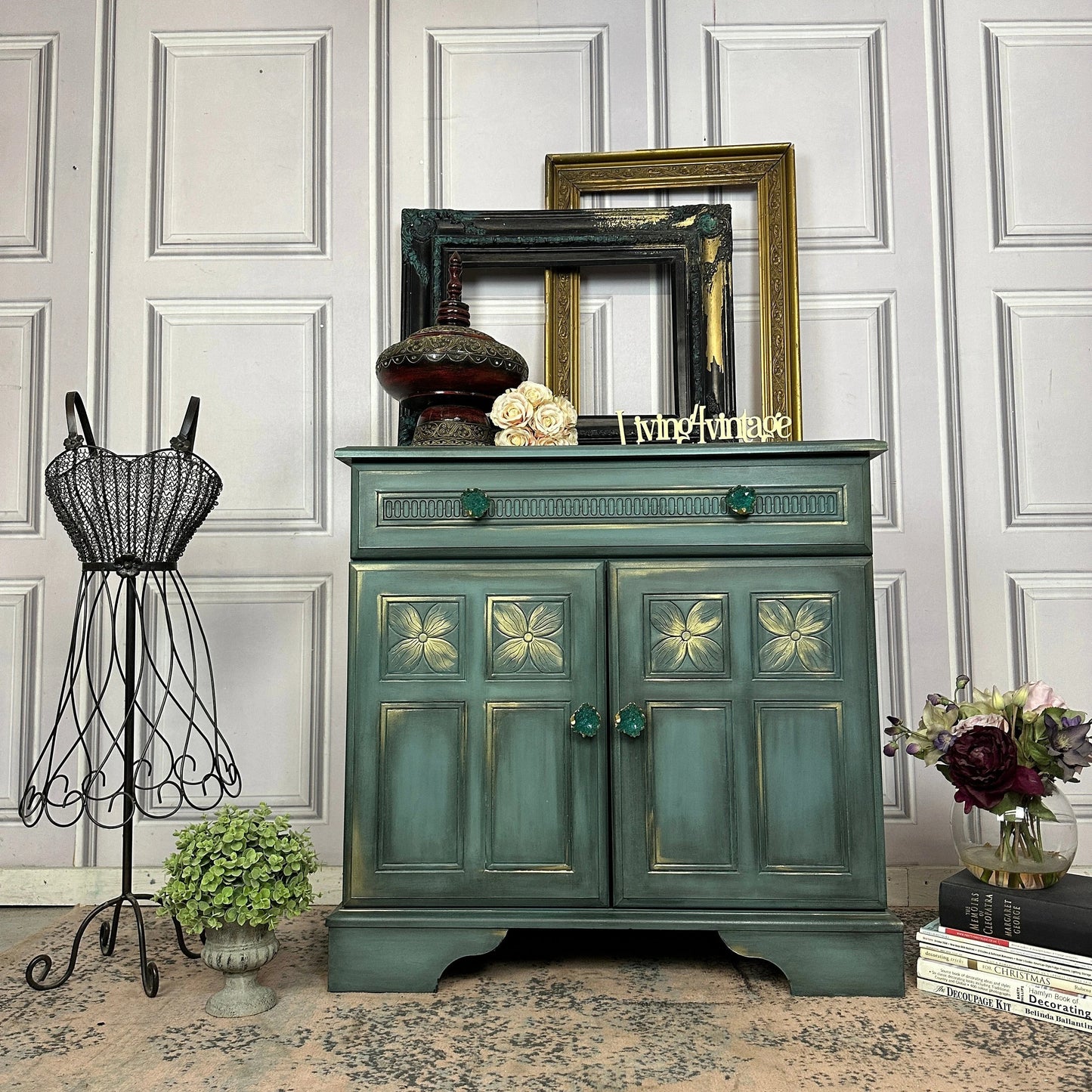 Vintage Painted Cabinet Moody Look Turquoise Cabinet with Carvings