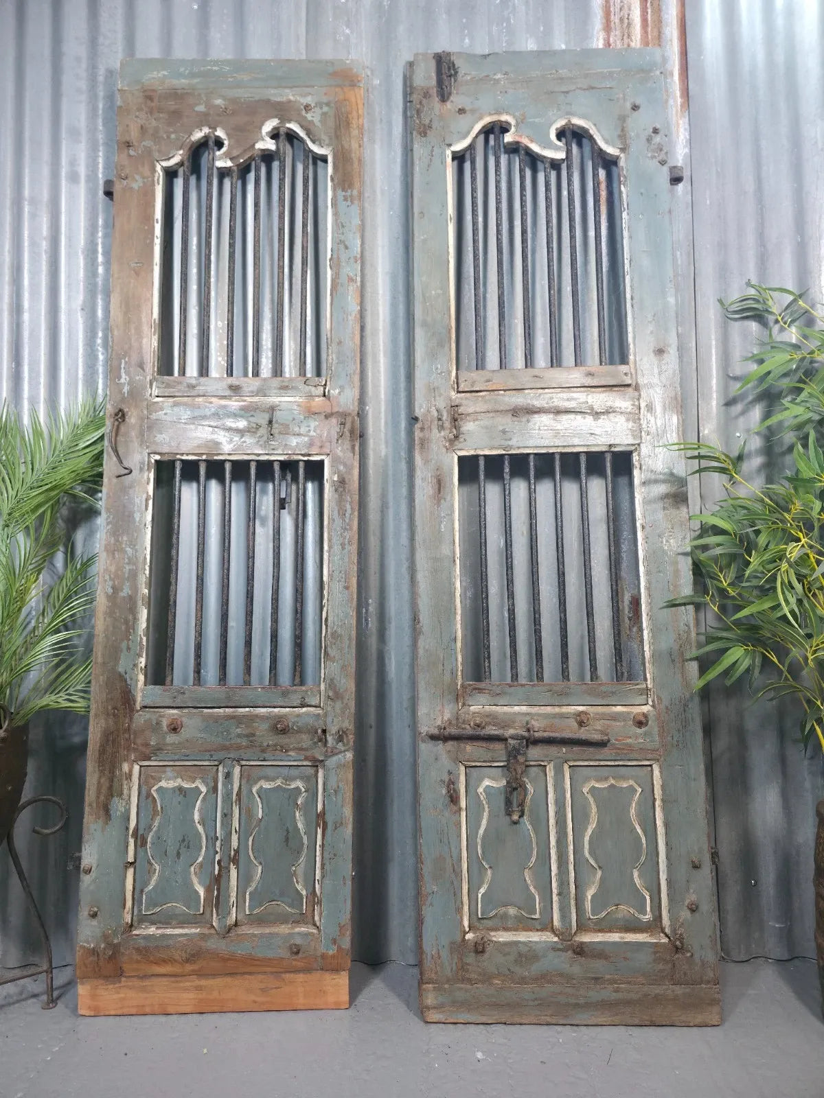 Vintage Pair of Rustic Indian Wooden Iron Doors Garden Gates Room Divider Screen