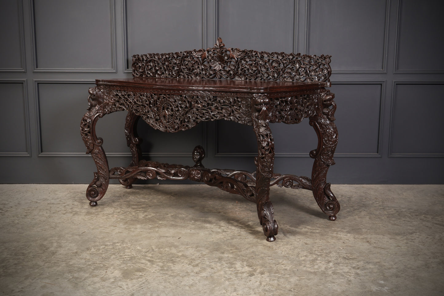 Antique Gothic Burmese Carved Padauk Wood Side Table