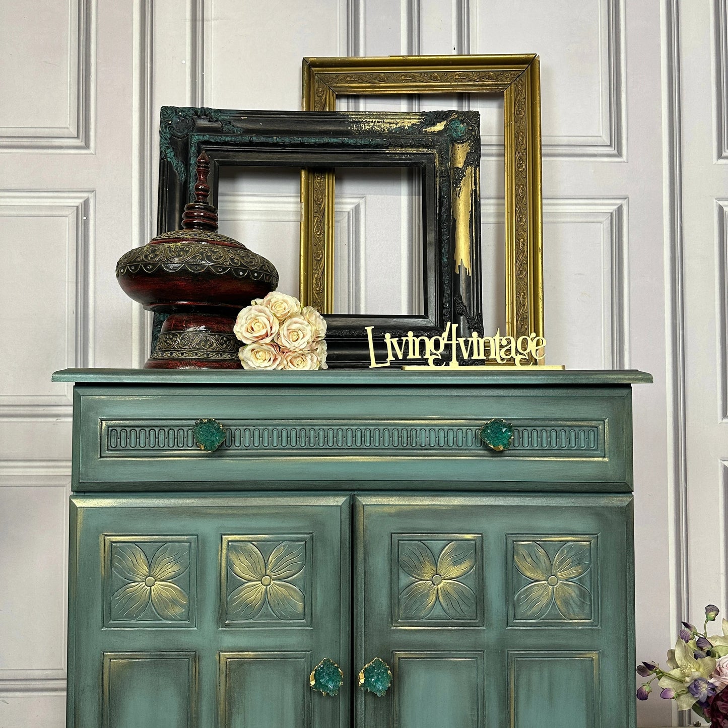 Vintage Painted Cabinet Moody Look Turquoise Cabinet with Carvings