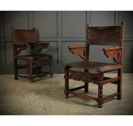 Pair Of Oak And Leather Antique Armchairs