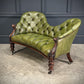 Vintage Victorian Green Buttoned Leather Double Spoon Back Sofa