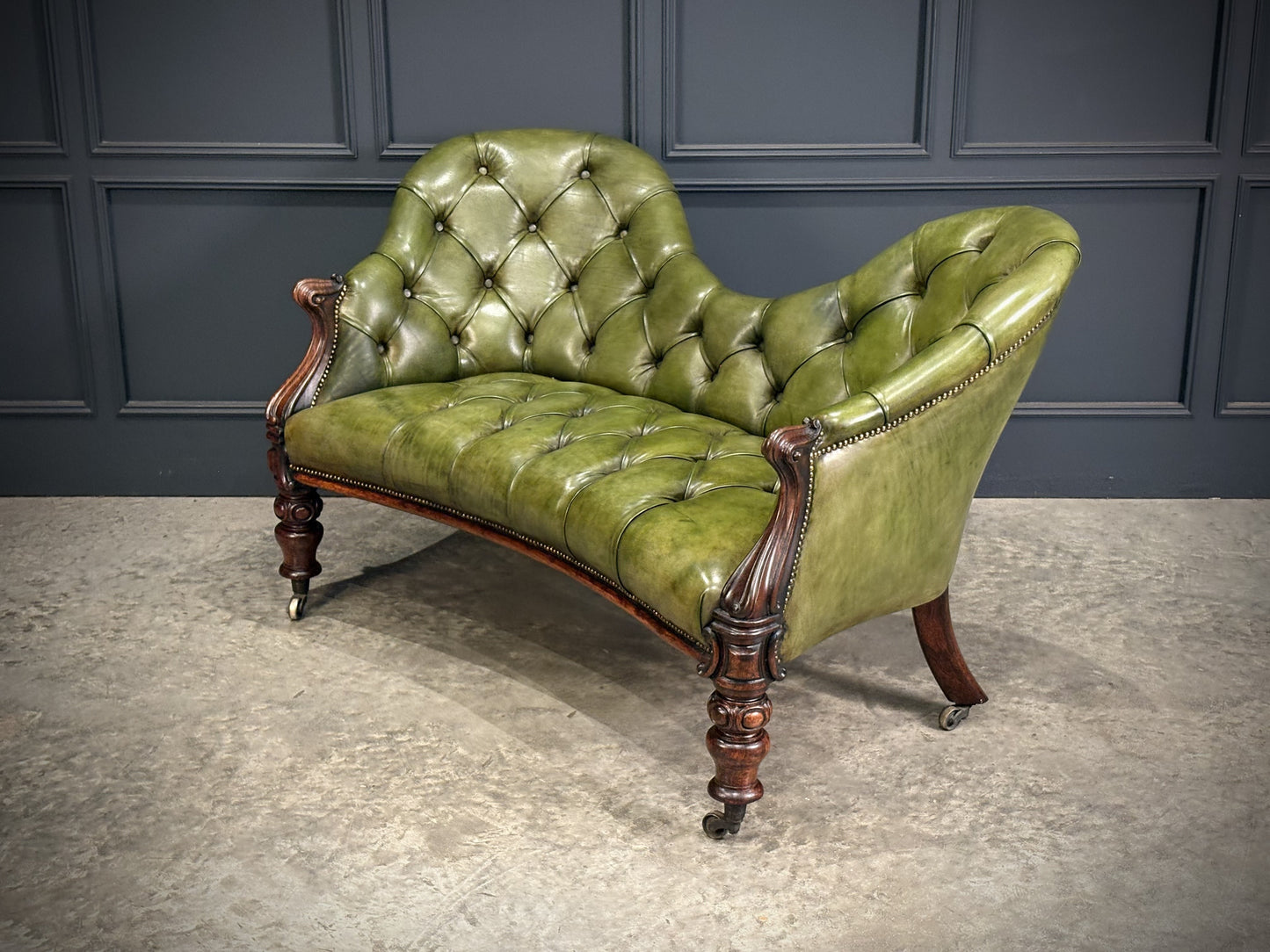 Vintage Victorian Green Buttoned Leather Double Spoon Back Sofa