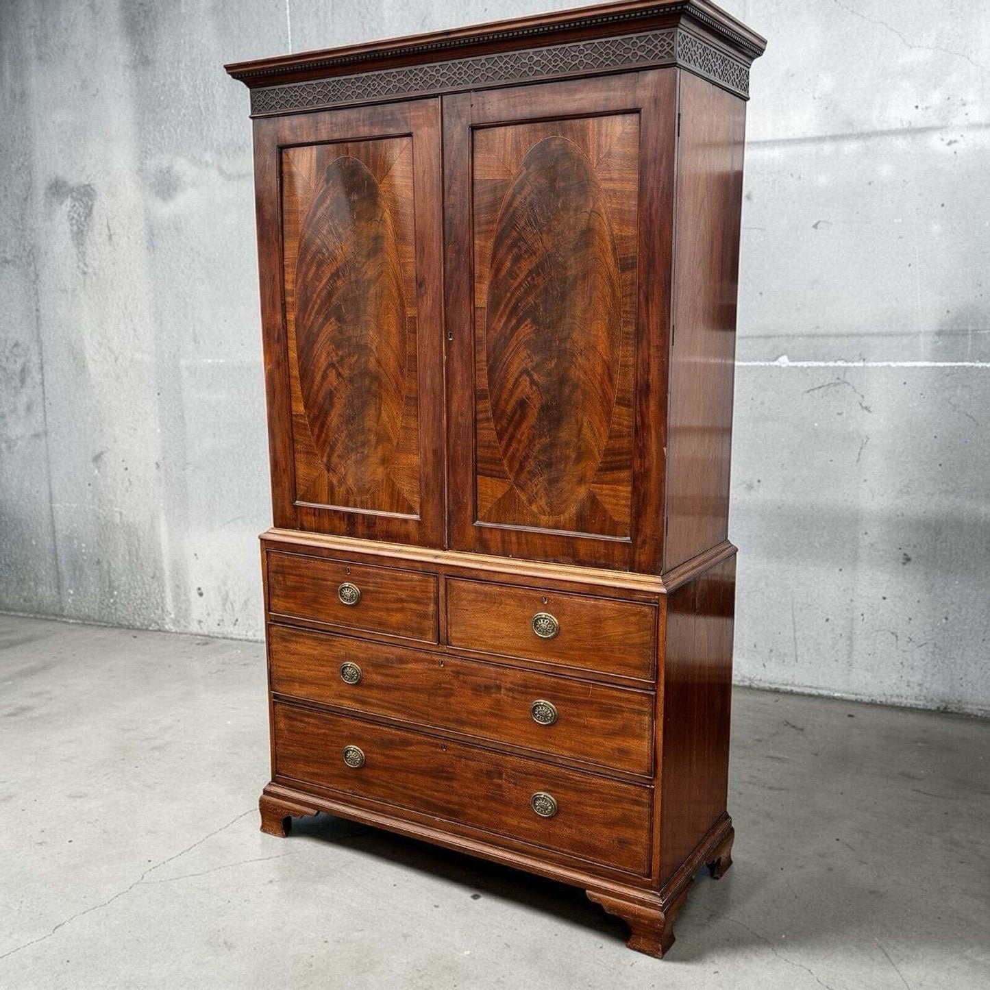 Antique Georgian Flame Mahogany Cupboard & Drawers