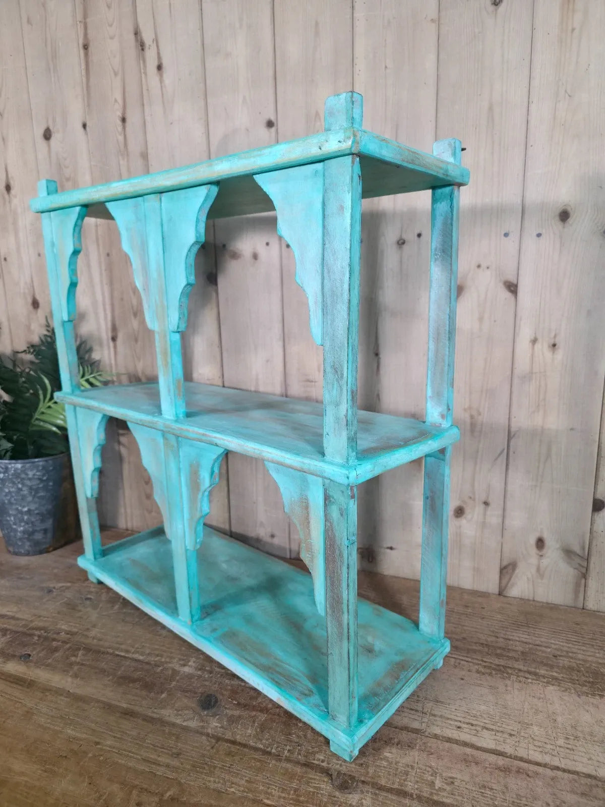 Blue Vintage Reclaimed Solid Wooded Arched Temple Wall Display Shelf Shelves