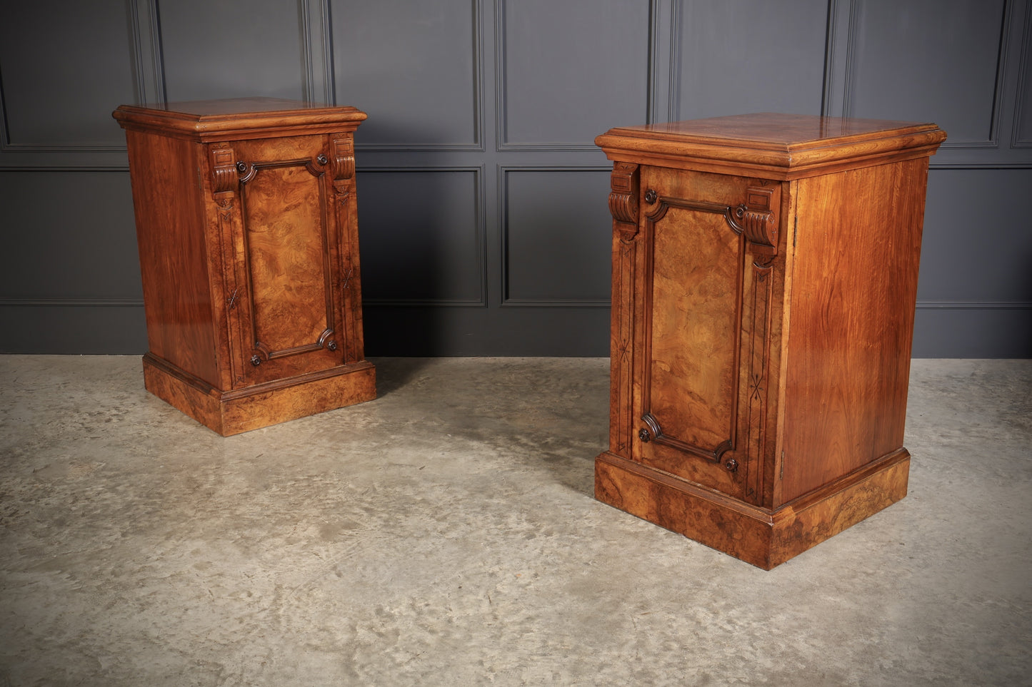 Large Pair Of Vintage Figured Walnut Pedestal Cabinets