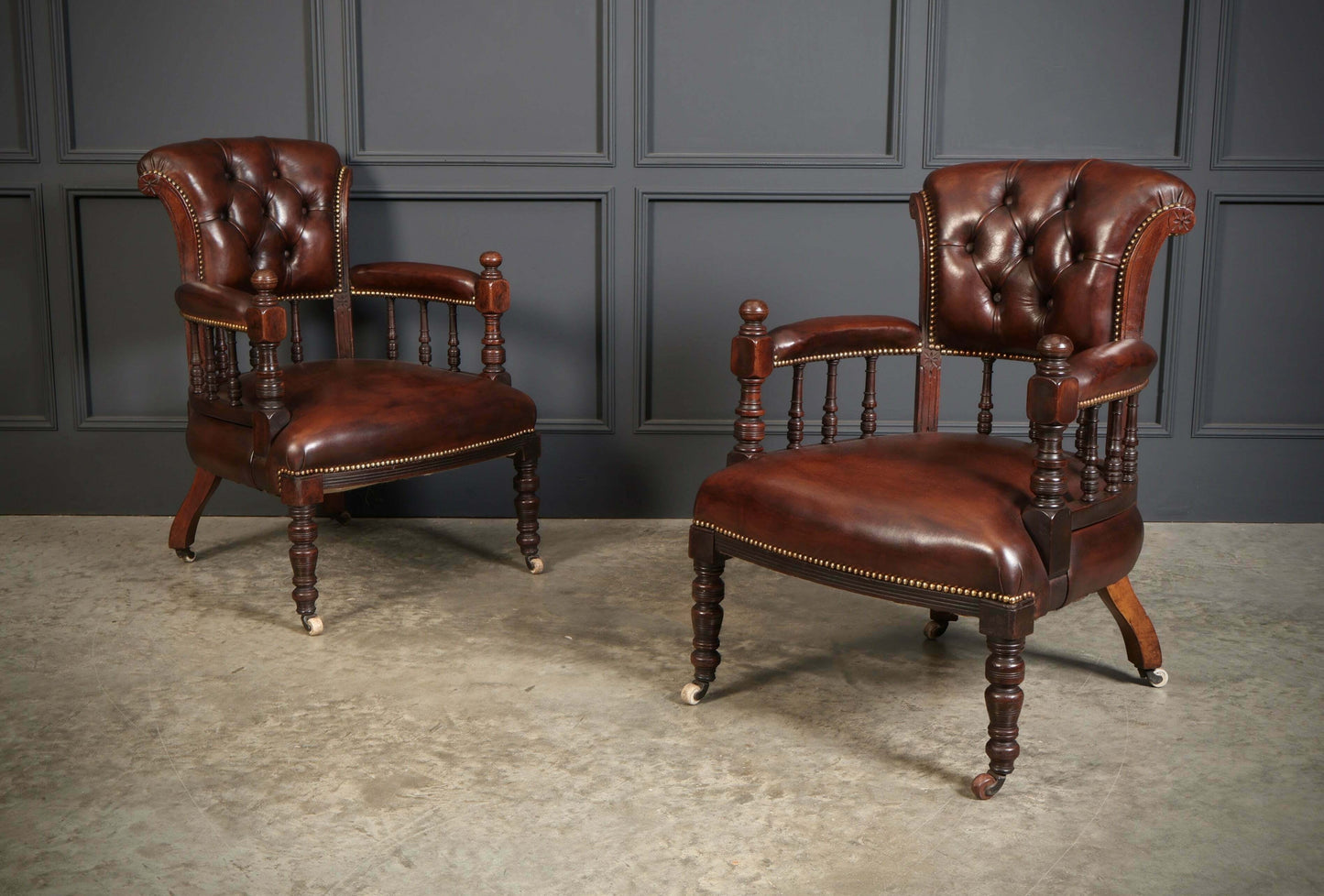 Pair Of Vintage Victorian Mahogany & Buttoned Leather Captains Desk Chairs