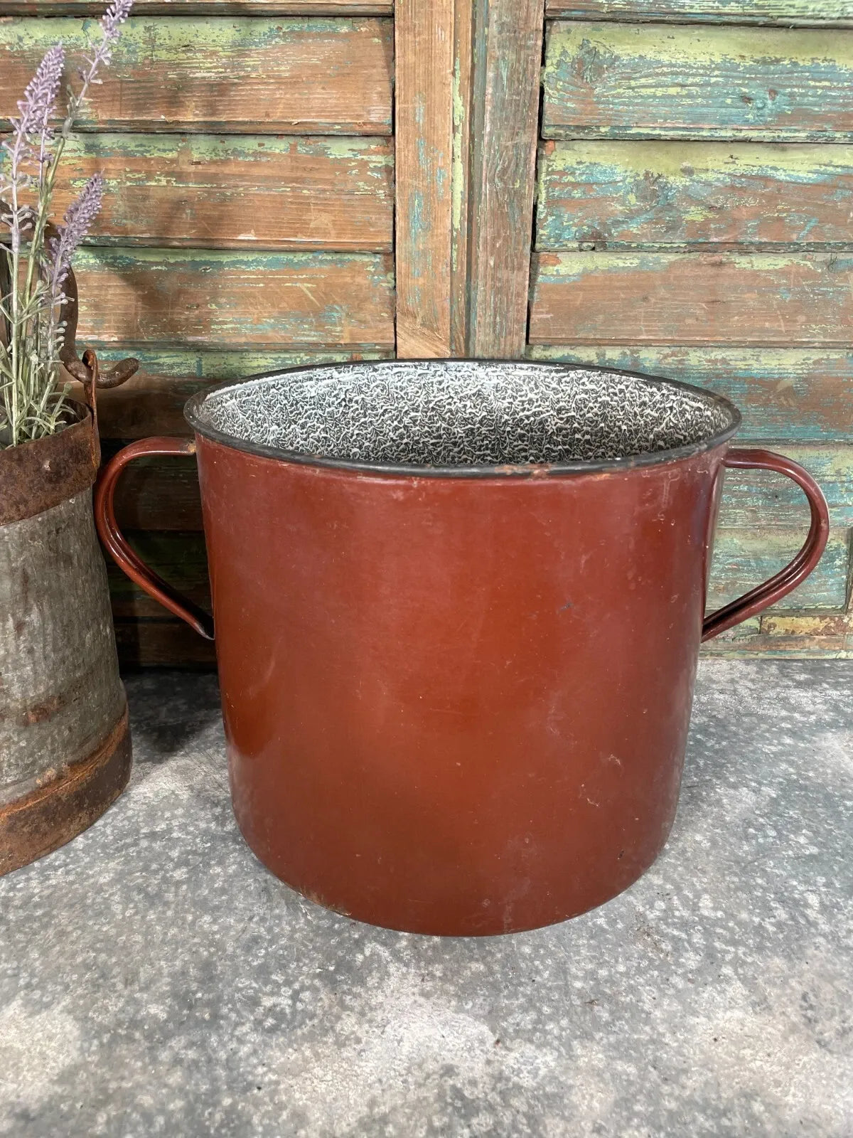 Vintage French Brown Enamel Cooking Pot Tub Garden Planter