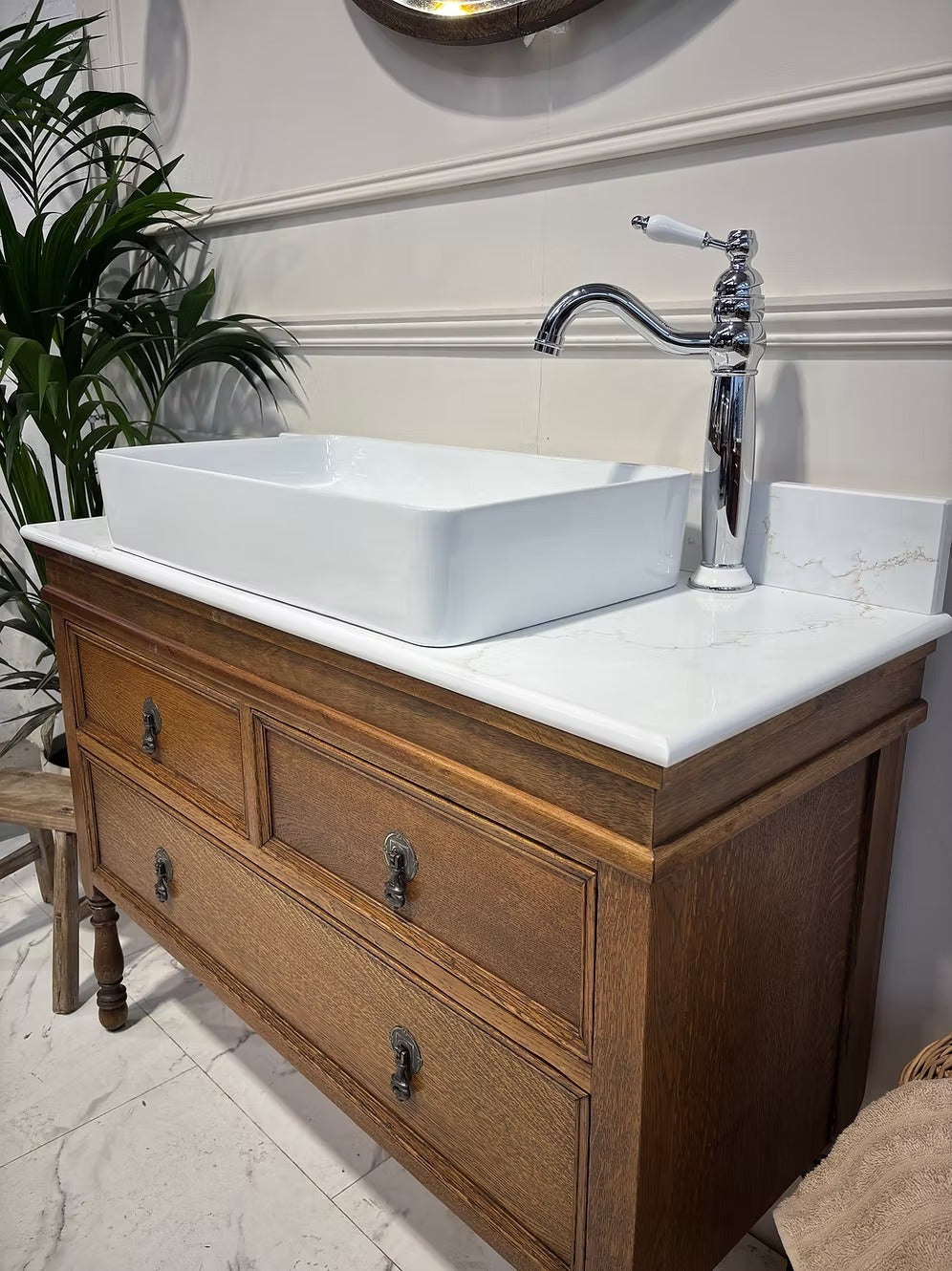 Edwardian Oak Vintage Bathroom Vanity Unit With Basin