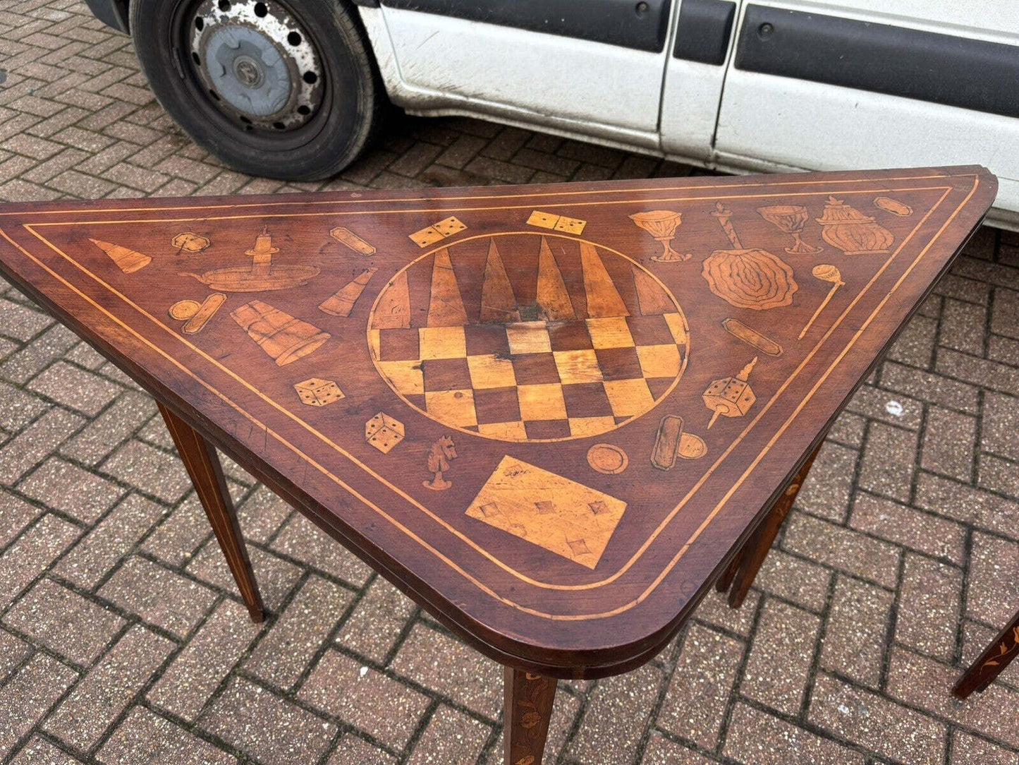 Pair 18th Century Dutch Marquetry Antique Games Tables, With Fold Over Lid & Card Playing Area