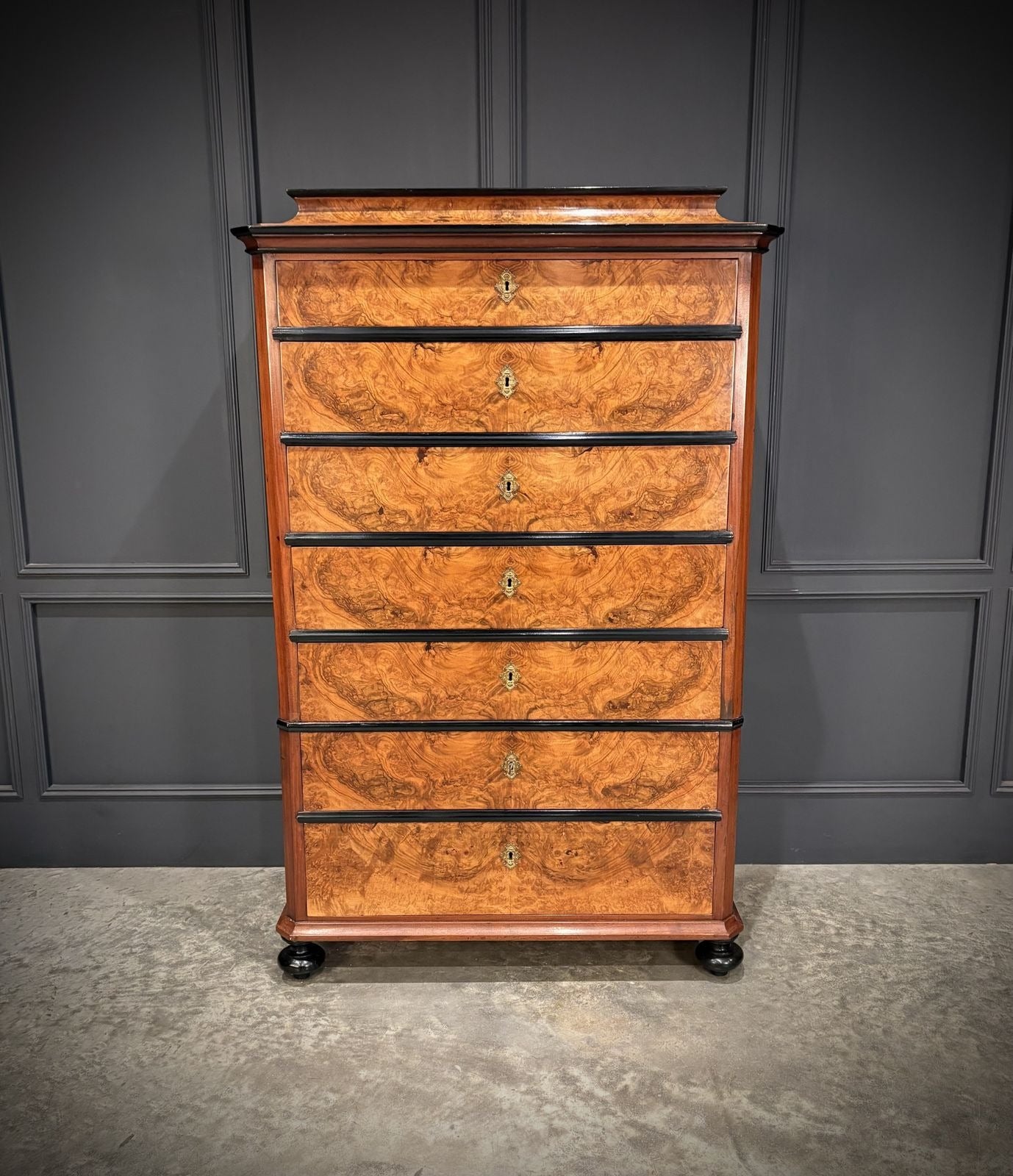 19th Century Walnut Tall Boy Art Deco Chest Of Drawers