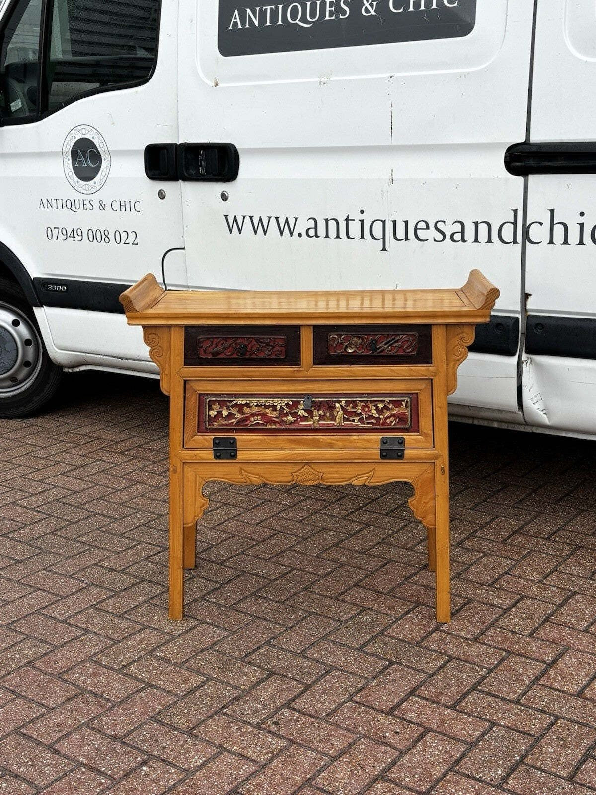 Oriental Console Table With 2 Drawers And A Cupboard.