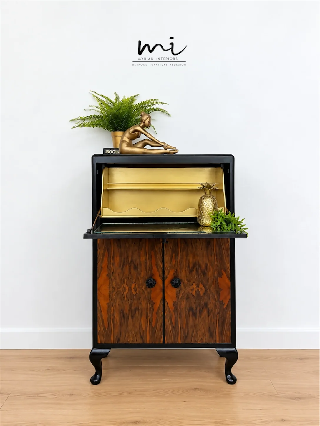 Art Deco Burl Walnut Petit Cocktail Cabinet, Black and Gold, Vintage Drinks Cabinet