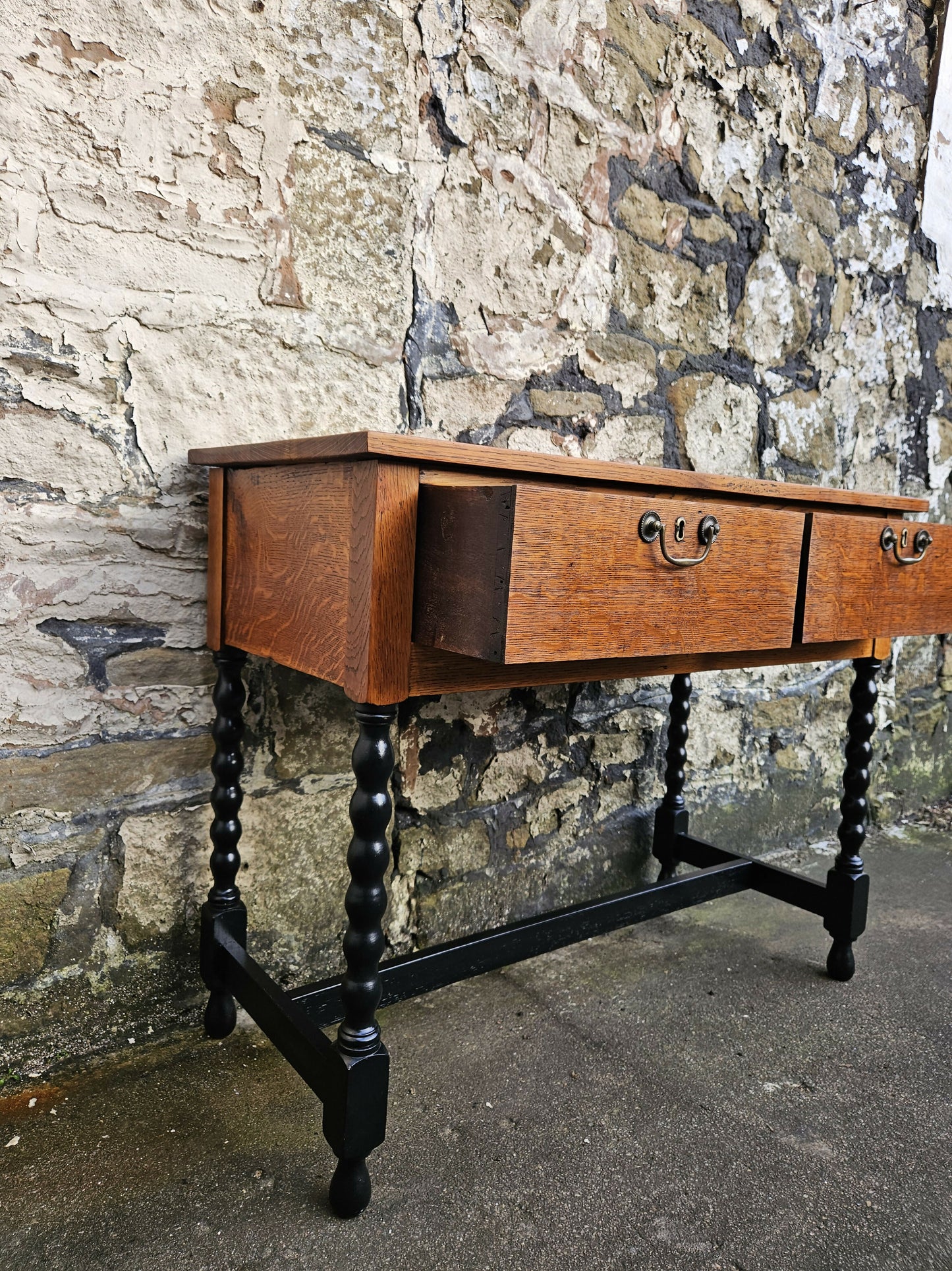 Vintage Oak Chest Of Drawers Two Drawer Cabinet Lovely Detailing Ebonised In Black
