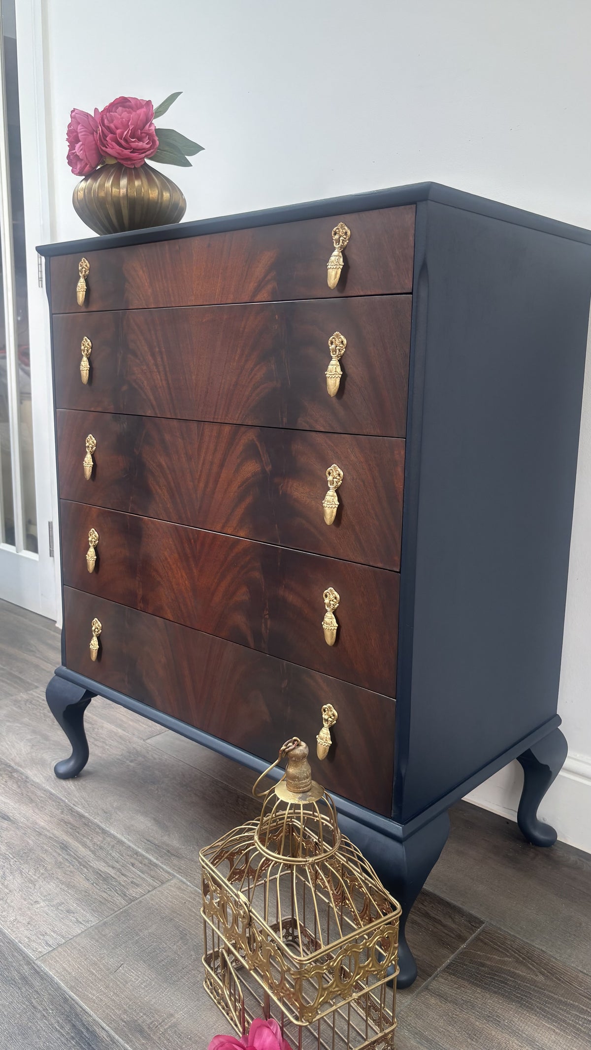 Vintage Navy Blue Flame Mahogany Dresser | Refurbished 5-Drawer Chest of Drawers | Brass Hardware Queen Anne Furniture