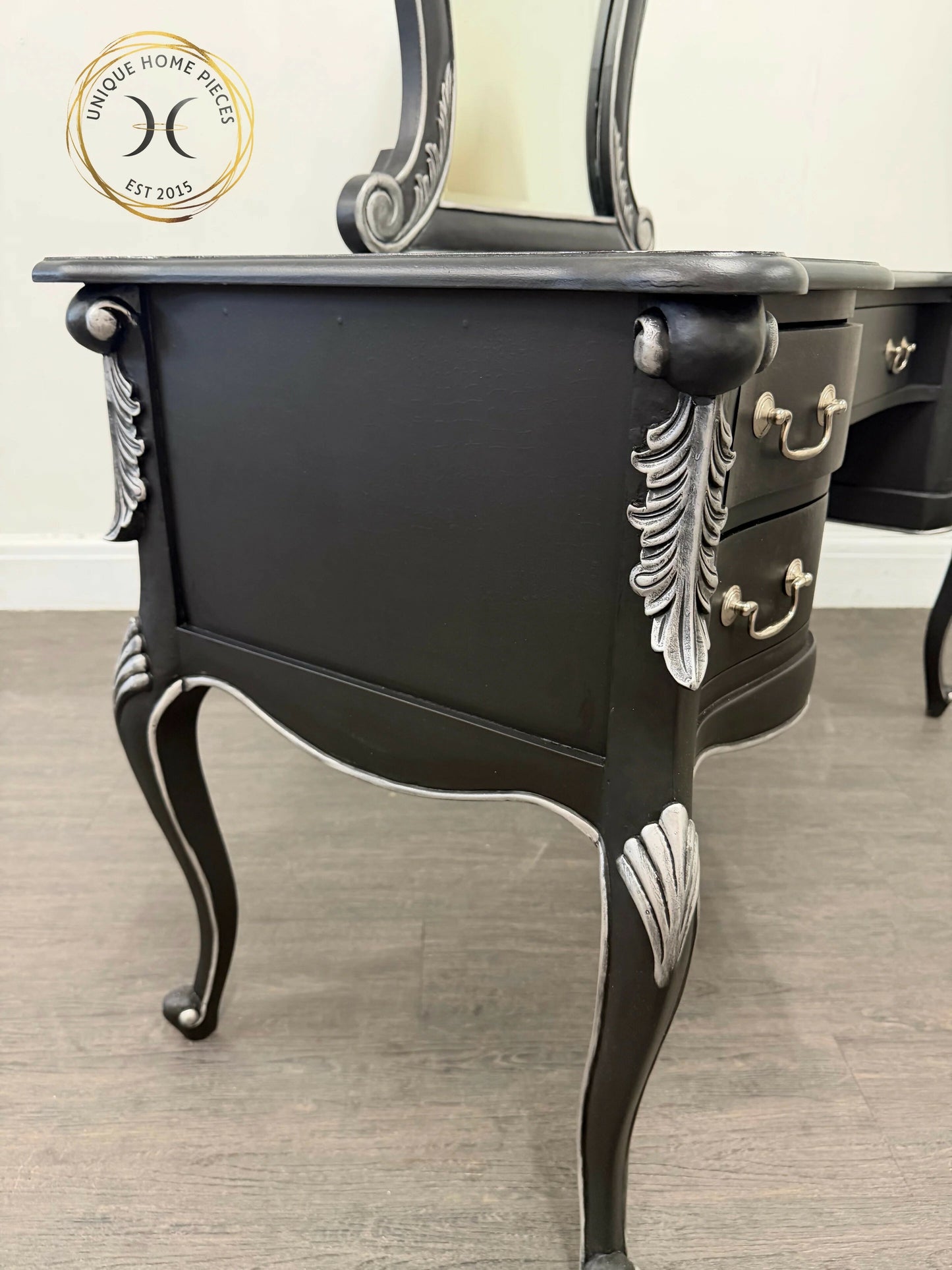 Contemporary Black and Silver French Rococo Dressing Table With Mirror