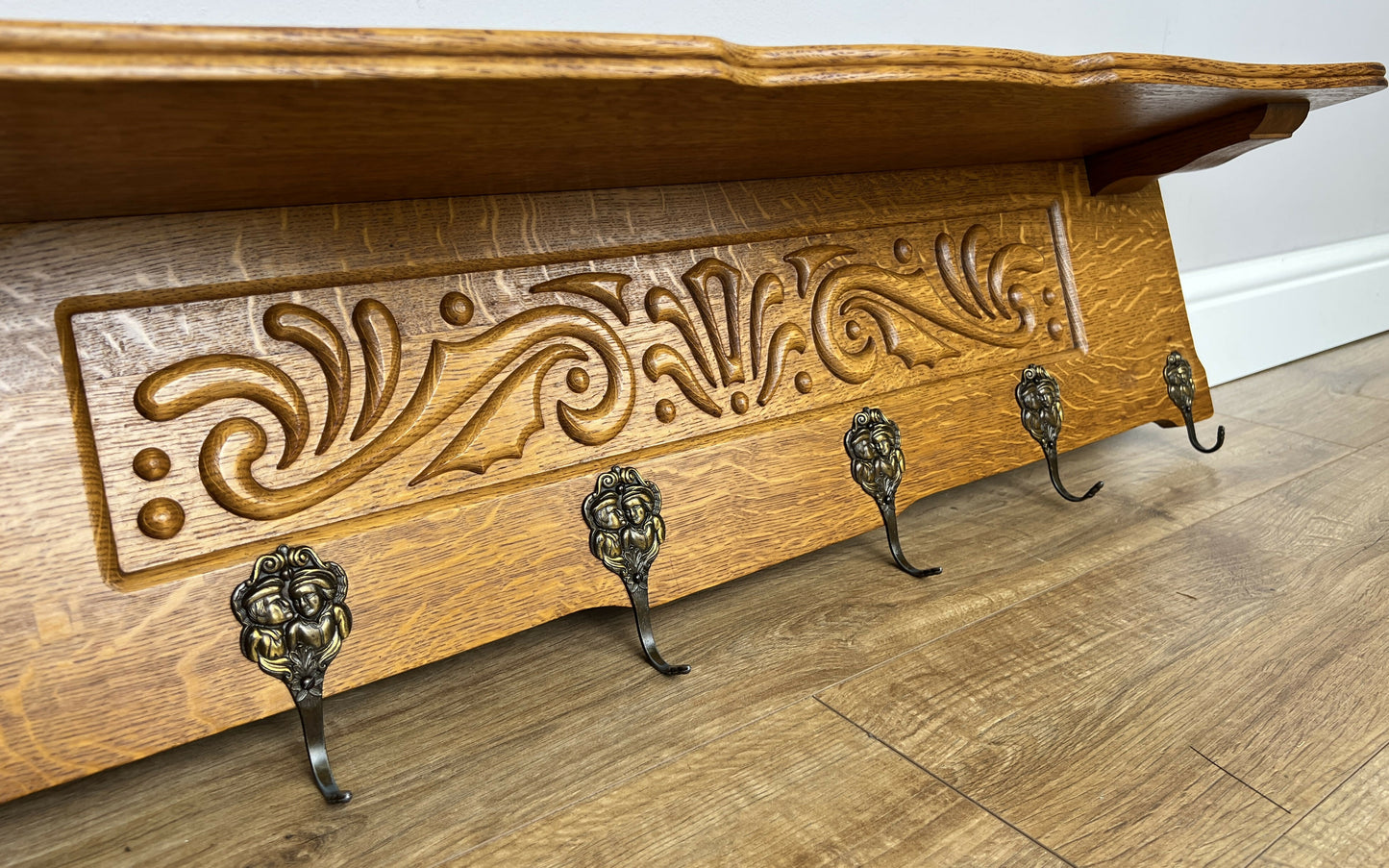 Coat Rack Vintage French Carved Oak Wall Mounted 6 Hooks Rack Hanger LOT 6366