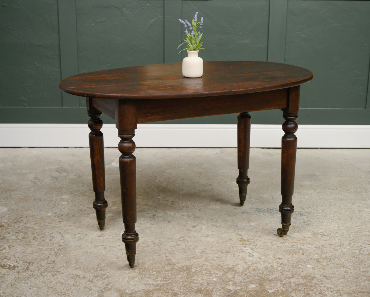 Antique Oak Oval Breakfast Dining Table on Castors - Kitchen Table