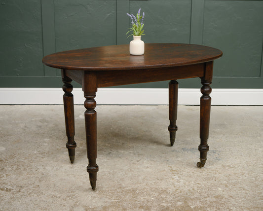 Antique Oak Oval Breakfast Dining Table on Castors - Kitchen Table