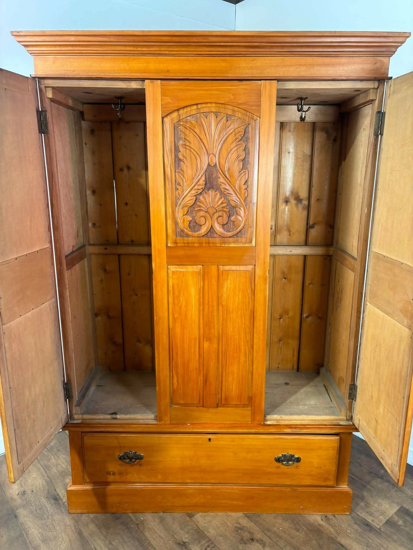 Edwardian Stripped Satinwood Double Mirror Door Wardrobe