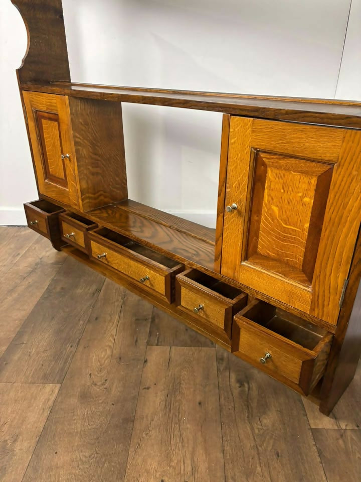 Vintage Oak & Mahogany Cross Banded Wall Shelves with Cupboards