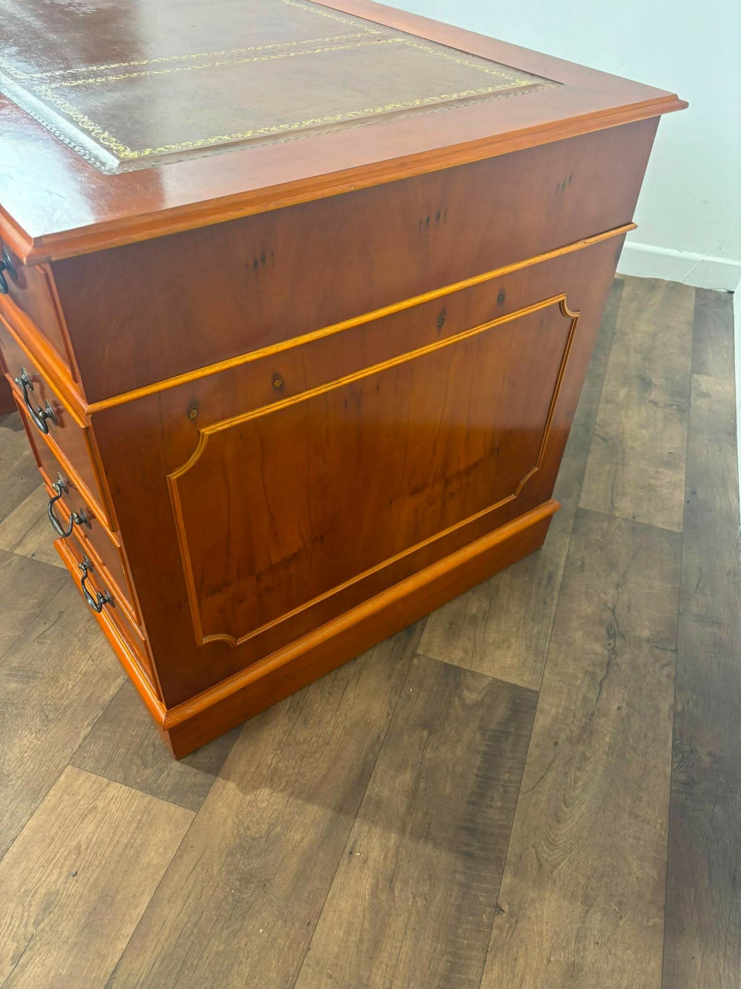 Reproduction Yew Wood Pedestal Desk with Brown Leather Inset
