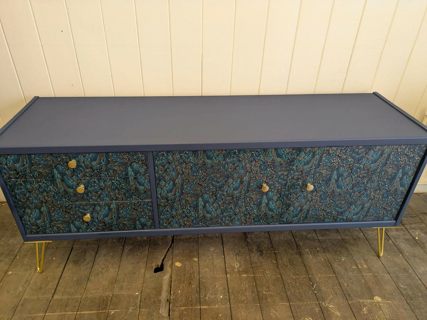 G Plan Midcentury Sideboard TV Unit Cocktail Cabinet. Upcycled Painted Blue,Teal Gold Living Room Furniture