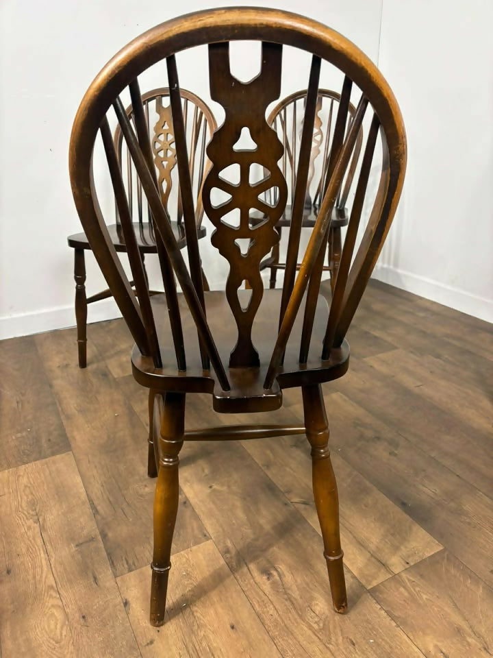 Vintage Set of Four Dark Oak Wheel Back Chairs