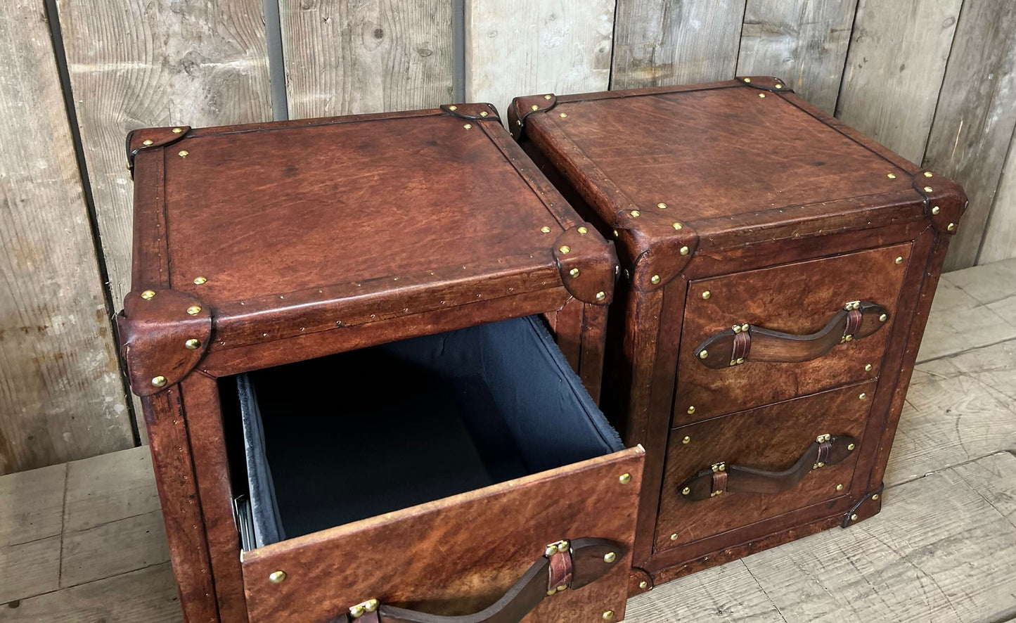 Bespoke English vintage bedside cabinets - custom wood framed - luxury hand dyed leather nightstands