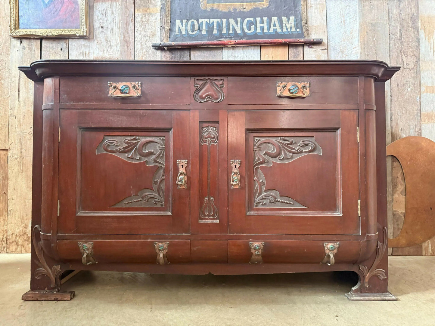 Antique Mahogany Arts And Crafts Art Nouveau Period Breakfront Buffet Sideboard Hall Dining Cupboard, Ruskin, Shapland And Petter C 1920