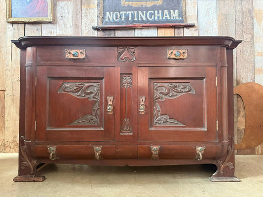 Antique Mahogany Arts And Crafts Art Nouveau Period Breakfront Buffet Sideboard Hall Dining Cupboard, Ruskin, Shapland And Petter C 1920
