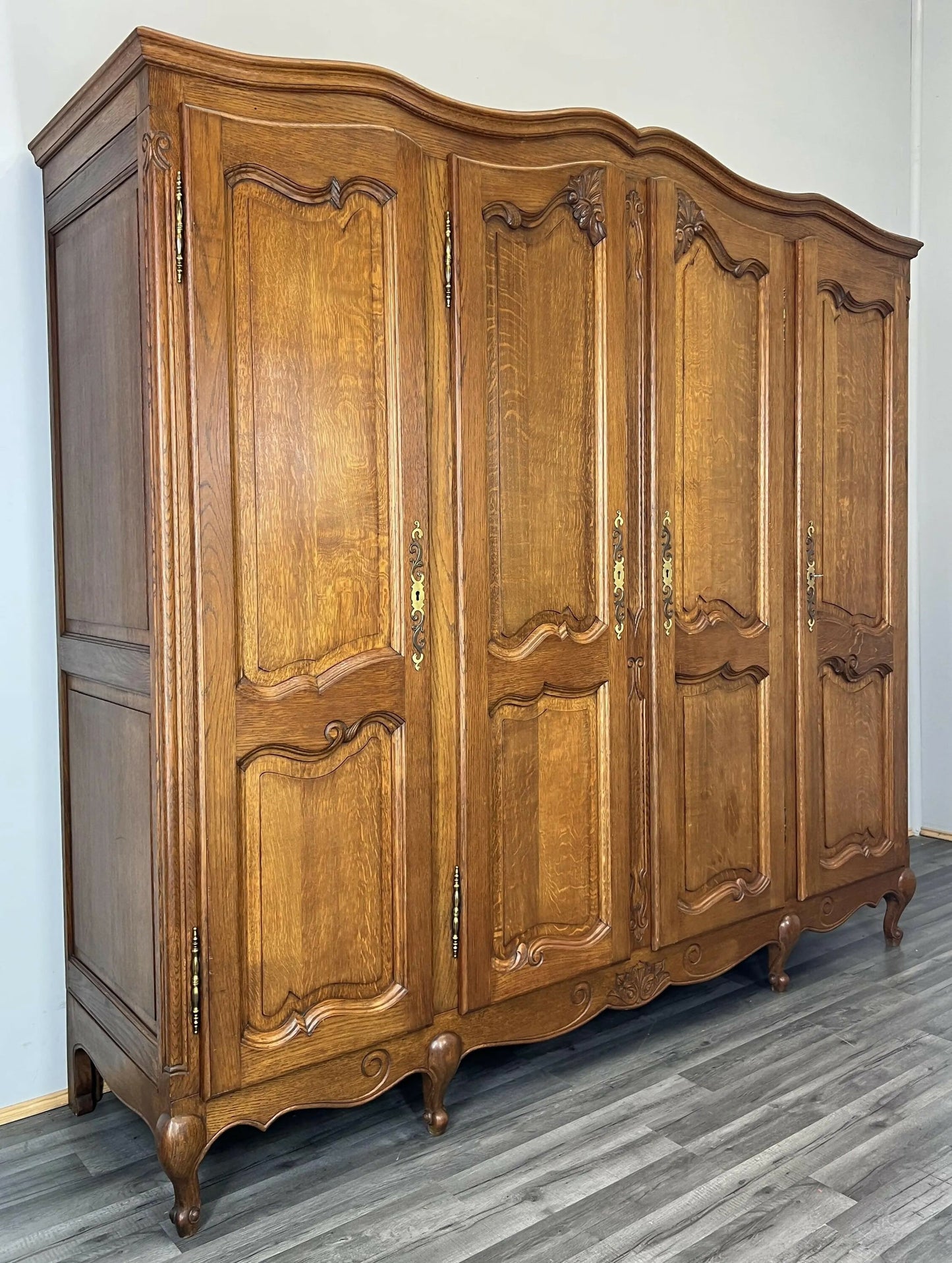 Wardrobe Vintage French Louis XVI Style Oak Four Door Carved Armoire LOT 4795