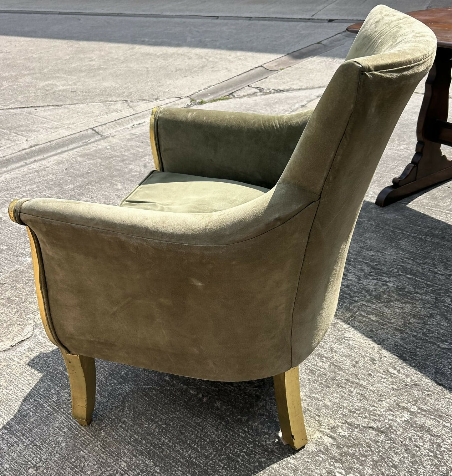 French Louis XVI Style Neoclassical Suede Leather Armchair With Gold Gilt Frame