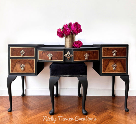 Queen Anne Style Dressing Table Stool in Black Velvet.