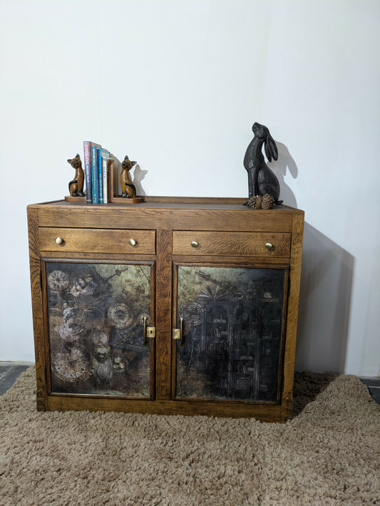 Hand-Painted Vintage Cupboard in Annie Sloan Black and Hornfleur | Decoupage Detail and Brass Hardware