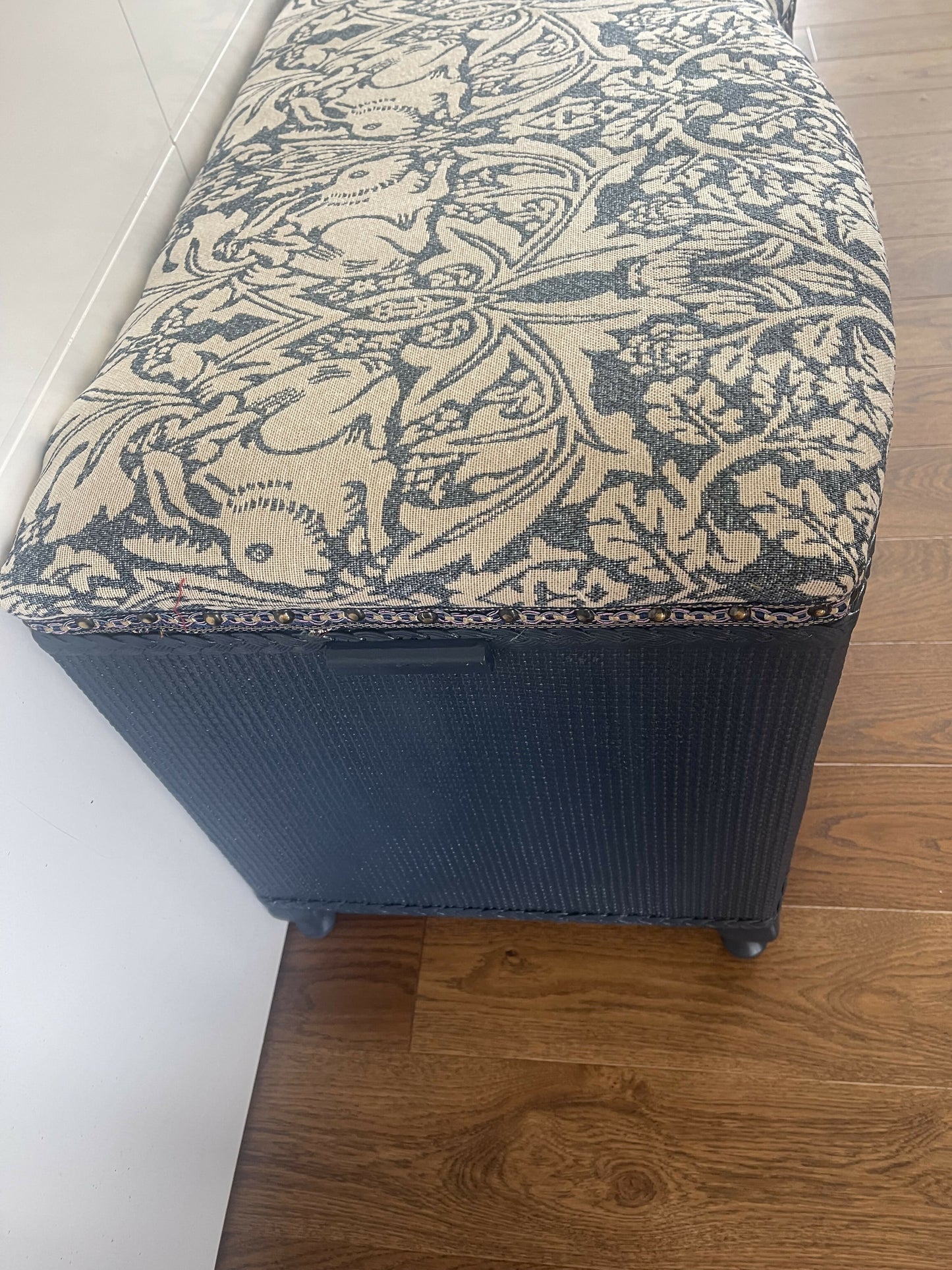 Mid century Ottoman. Repainted and reupholstered in Brer Rabbit material fabric dark blue
