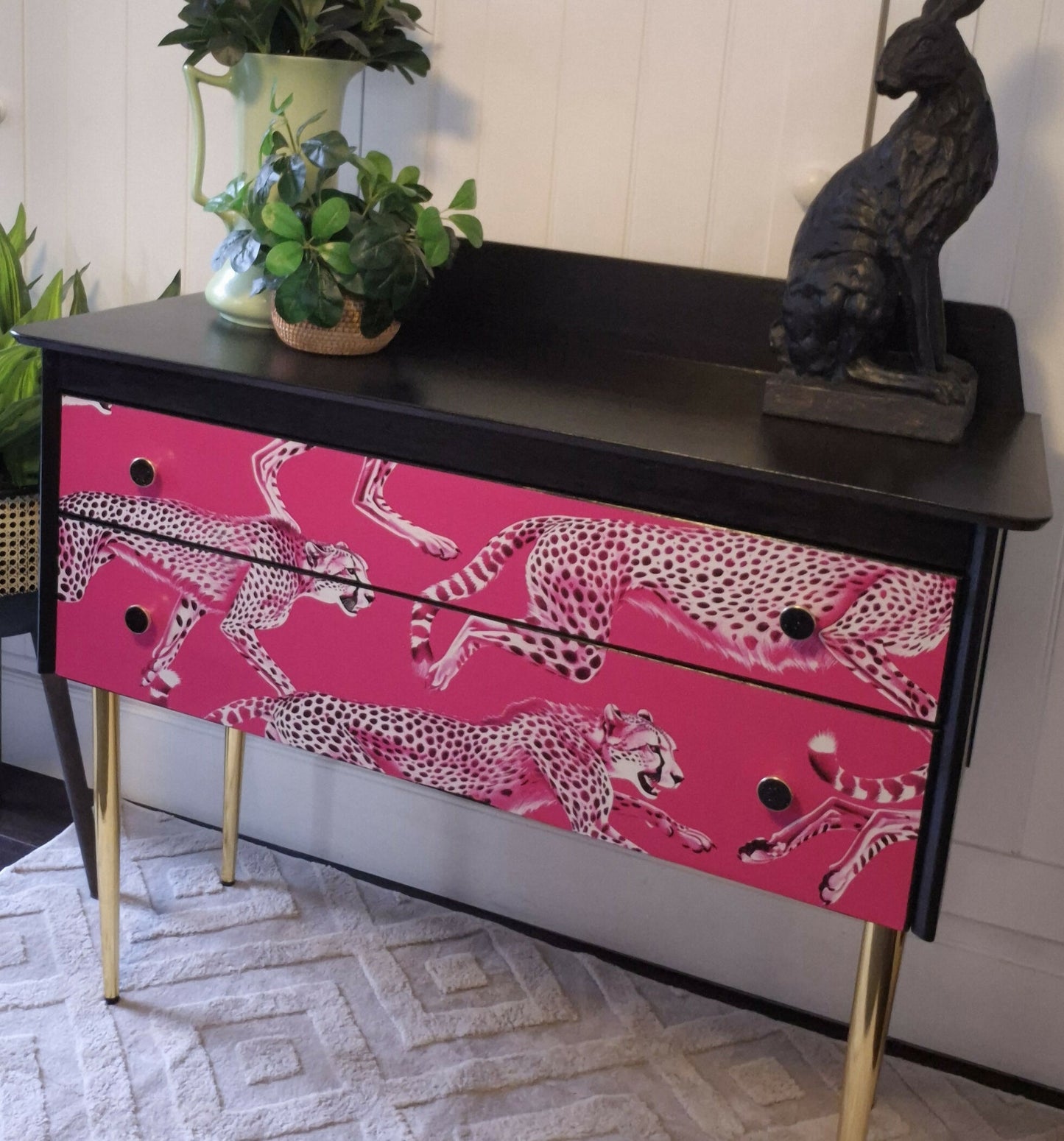 Hand Painted Vintage Mid-Century Modern Chest of Drawers: Black and Hot Pink Cheetah design