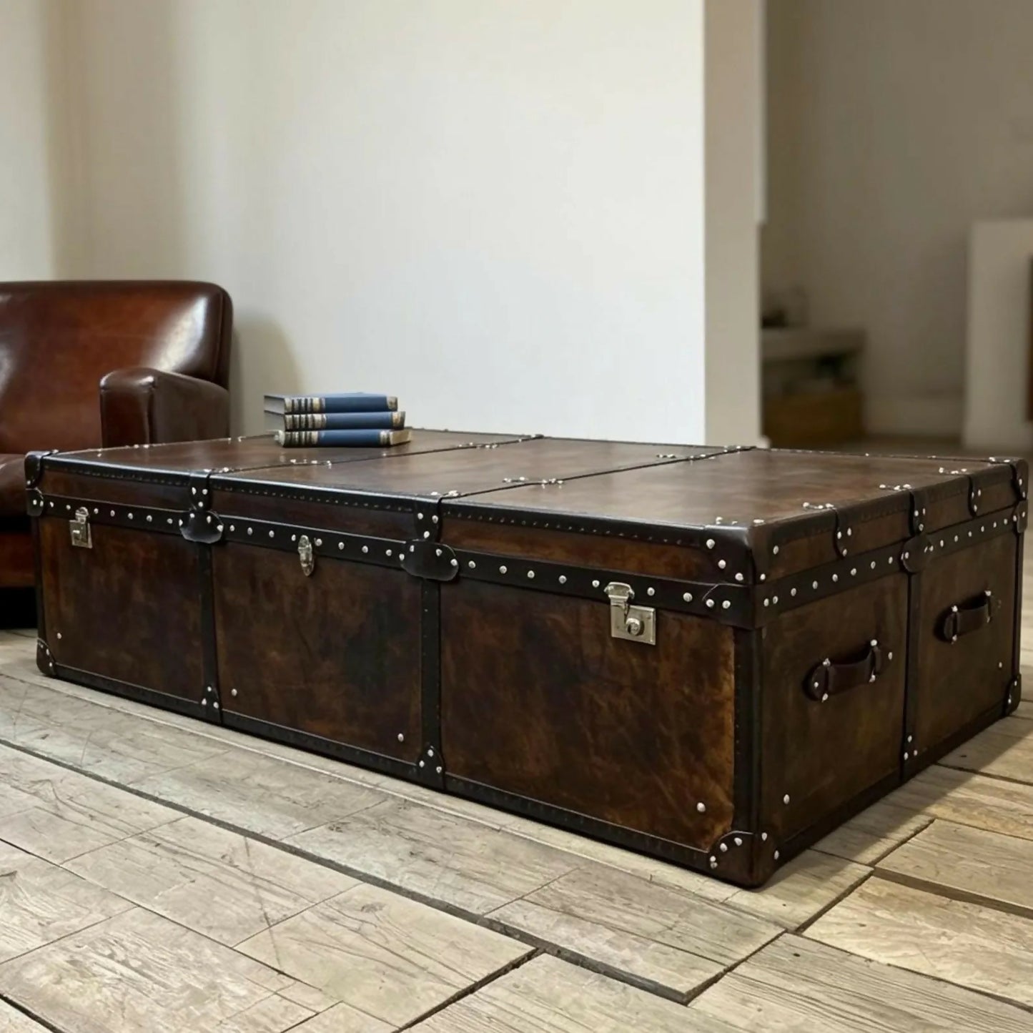 Handmade English luxury large Vintage leather coffee table - hand dyed storage trunk