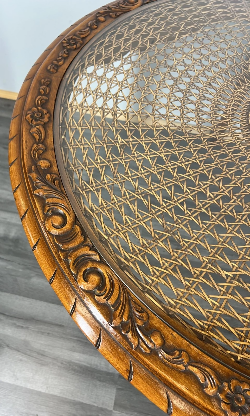 Coffee Table Vintage French Louis XIV Glass Top Ornate Cane Round Table LOT 3941
