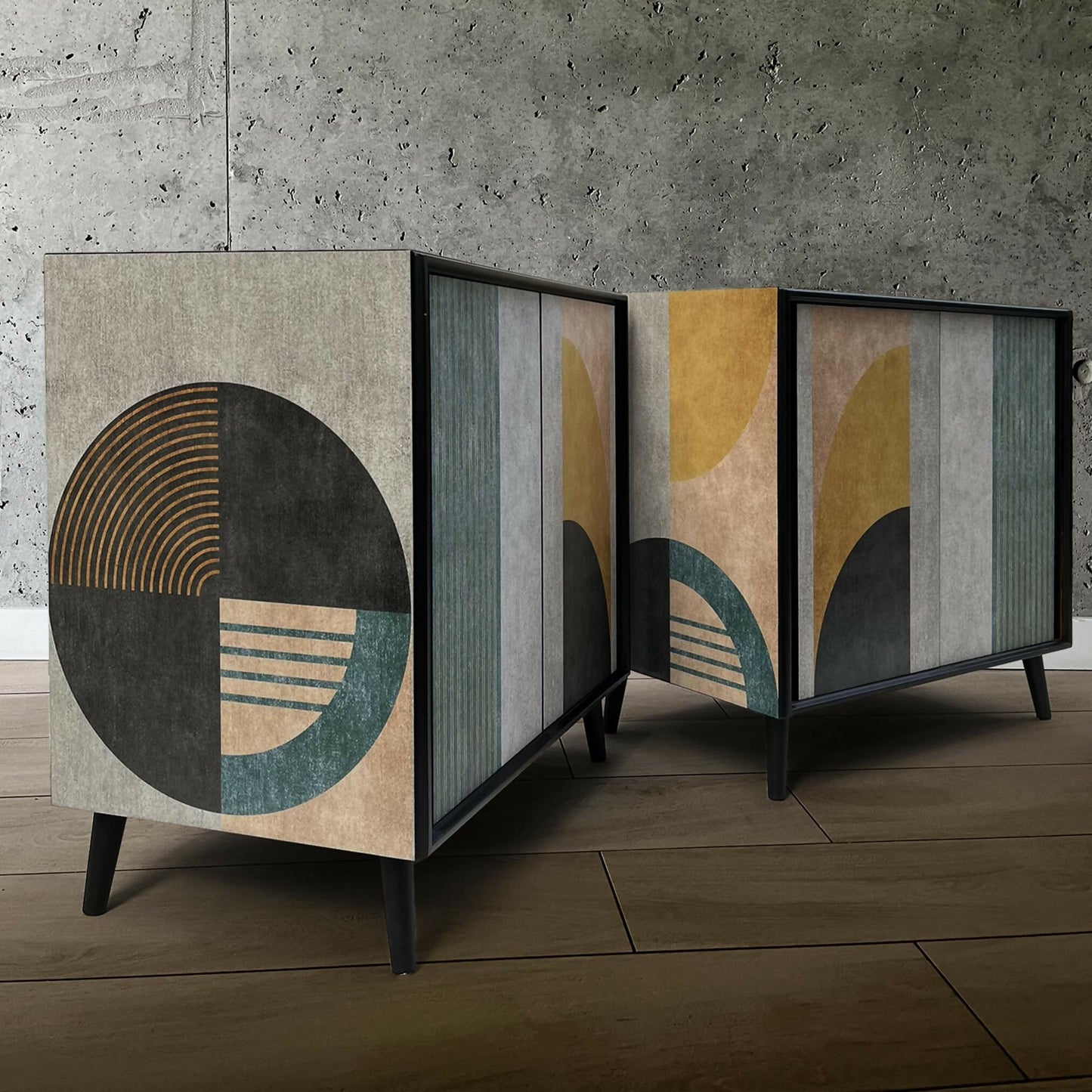 Vintage G-Plan cabinets upcycled and painted with geometric pattern cocrete