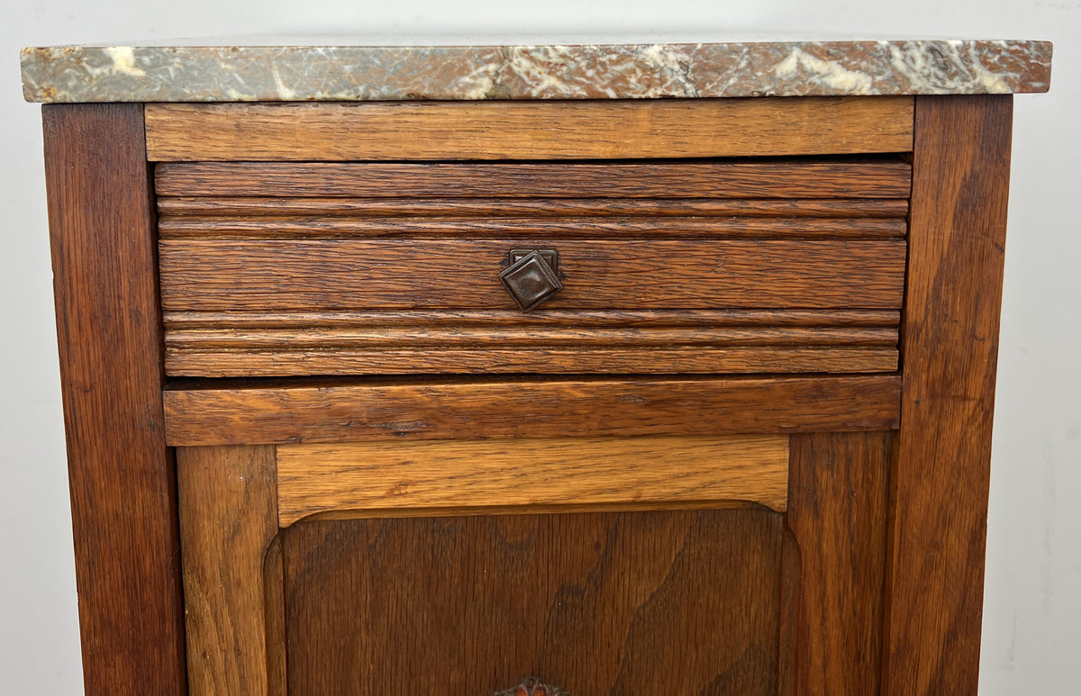 Bedside Table Antique French Style Oak Carved Marble Top Cabinet LOT 6602