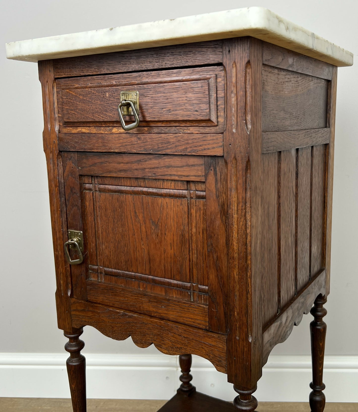 Bedside Table Antique French Style Marble Top Oak Cabinet Nightstand LOT 6246