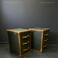 English luxury leather vintage nightstands | Olive green matching bedside tables | Hand dyed